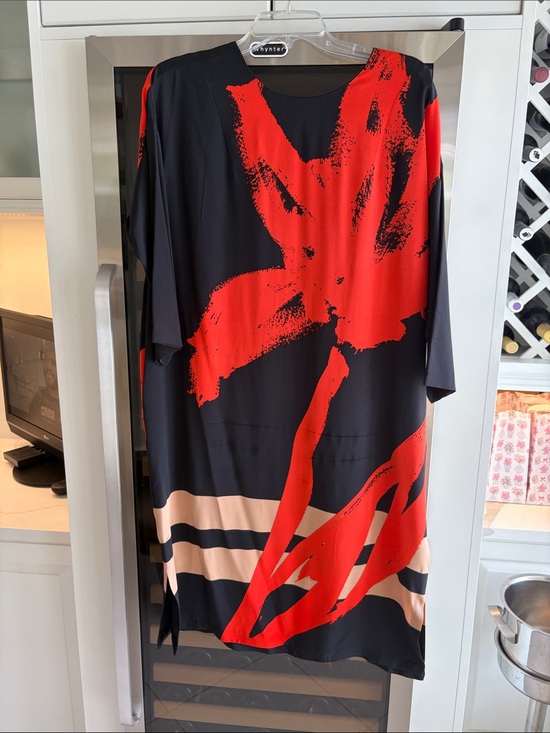 H&M Dresses & Skirts - H&M Black Midi Dress with Red Floral Brushstroke and Beige Stripes